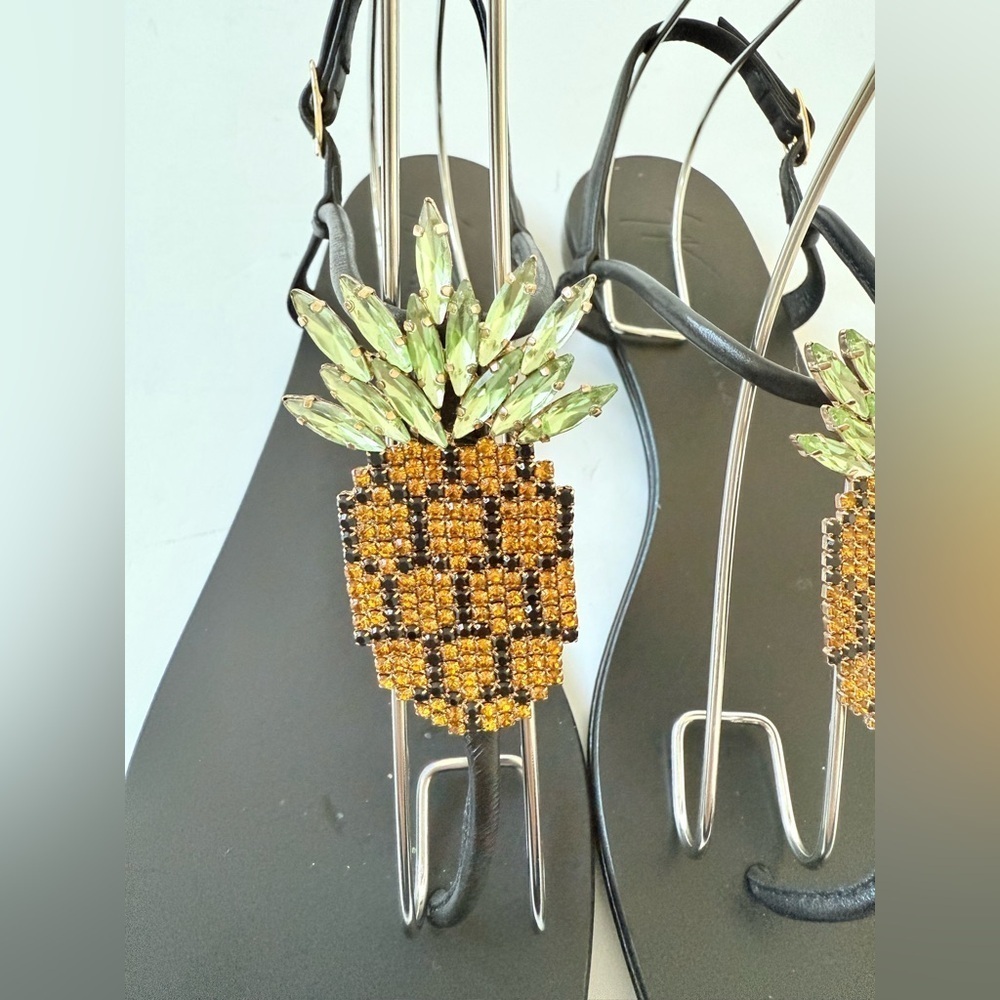 Giuseppe Zanotti Black leather Embellished Pineapple Flat thong Sandals EU 38 - Picture 4 of 11